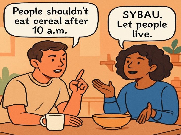 A creator makes a long, preachy video explaining a niche topic nobody asked about—someone stitches it and says “SYBAU” with an exaggerated sigh