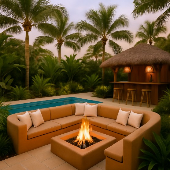 Tropical Sunken Fire Pit with Pool Overlook
